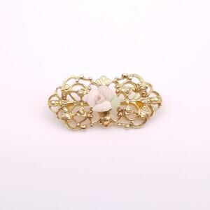 Gold Tone Openwork Filigree Brooch Ceramic Pink Rose Green Leaf Flower